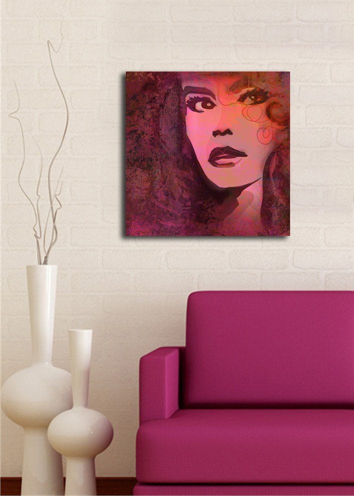 Canvastavla 45x45 cm - Porträtt av en kvinna med uttrycksfulla drag - Mörkröd / Lila / Rosa - Inredning - Tavlor & posters - Canvastavla