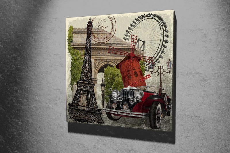 Canvastavla 45x45 cm - Paris-inspirerad komposition med Eiffeltornet, en röd bil och en vindmölla - Röd / Svart / Grön - Inredning - Tavlor & posters - Canvastavla