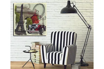 Canvastavla 45x45 cm - Paris-inspirerad komposition med Eiffeltornet, en röd bil och en vindmölla - Röd / Svart / Grön - Inredning - Tavlor & posters - Canvastavla