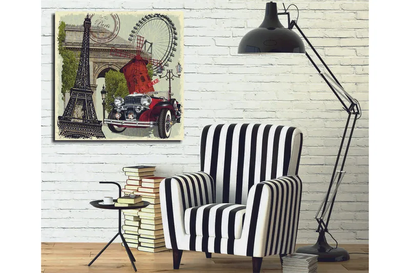 Canvastavla 45x45 cm - Paris-inspirerad komposition med Eiffeltornet, en röd bil och en vindmölla - Röd / Svart / Grön - Inredning - Tavlor & posters - Canvastavla