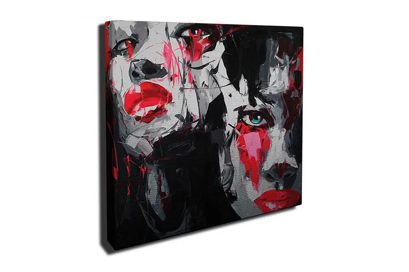 Canvastavla 45x45 cm - Porträtt av två ansikten med starka känslor - Röd / Svart / Grå - Inredning - Tavlor & posters - Canvastavla