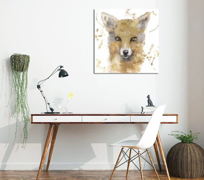 Canvastavla 45x45 cm - Porträtt av en räv med mjuka penseldrag, Guld / Beige / Svart