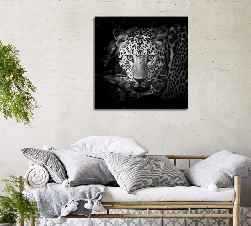 Canvastavla 45x45 cm - Porträtt av en leopard med intensiva ögon - Svart / Vit / Grå - Inredning - Tavlor & posters - Canvastavla