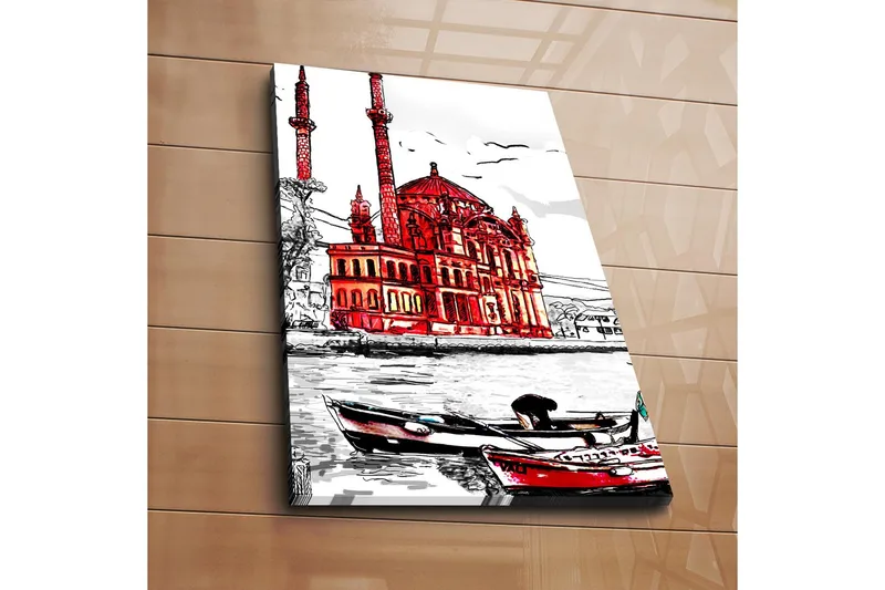 Canvastavla 45x70 cm - Imponerande moské med röda detaljer vid vattnet - Röd / Svart / Vit - Inredning - Tavlor & posters - Canvastavla