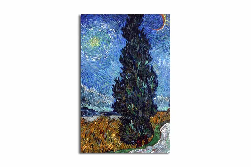 Canvastavla 45x70 cm - Mörk cypress mot en stjärnklar himmel - Blå / Grön / Gul - Inredning - Tavlor & posters - Canvastavla