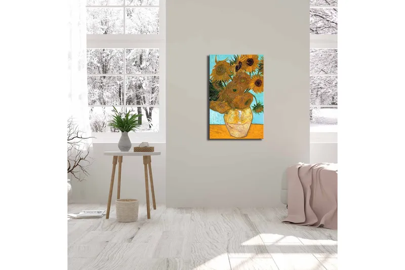 Canvastavla 45x70 cm - Soliga solrosor i en vas med en ljus bakgrund - Gult / Grönt / Brunt - Inredning - Tavlor & posters - Canvastavla