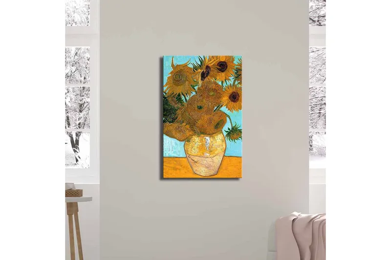 Canvastavla 45x70 cm - Soliga solrosor i en vas med en ljus bakgrund - Gult / Grönt / Brunt - Inredning - Tavlor & posters - Canvastavla