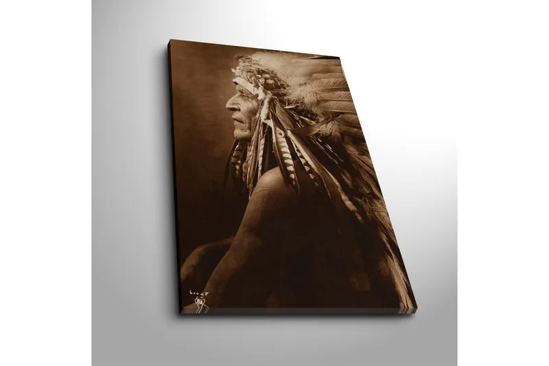 Canvastavla 45x70 cm - Porträtt av en indianhövding med fjädrar i håret - Brun / Beige / Svart - Inredning - Tavlor & posters - Canvastavla