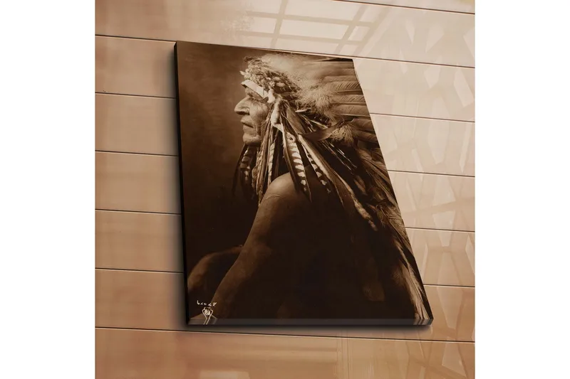 Canvastavla 45x70 cm - Porträtt av en indianhövding med fjädrar i håret - Brun / Beige / Svart - Inredning - Tavlor & posters - Canvastavla