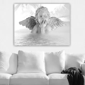 Canvastavla 70x100 cm - Ängel med en eftertänksam pose som delvis är nedsänkt i vatten - Vit / Ljusgrå - Inredning - Tavlor & posters - Canvastavla