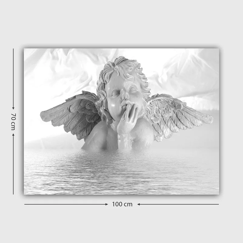 Canvastavla 70x100 cm - Ängel med en eftertänksam pose som delvis är nedsänkt i vatten - Vit / Ljusgrå - Inredning - Tavlor & posters - Canvastavla