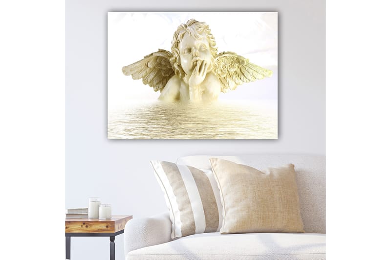 Canvastavla 70x100 cm - Ängel med utsträckta vingar som ser drömmande ut, delvis nedsänkt i vatten, Ljus beige / Vit