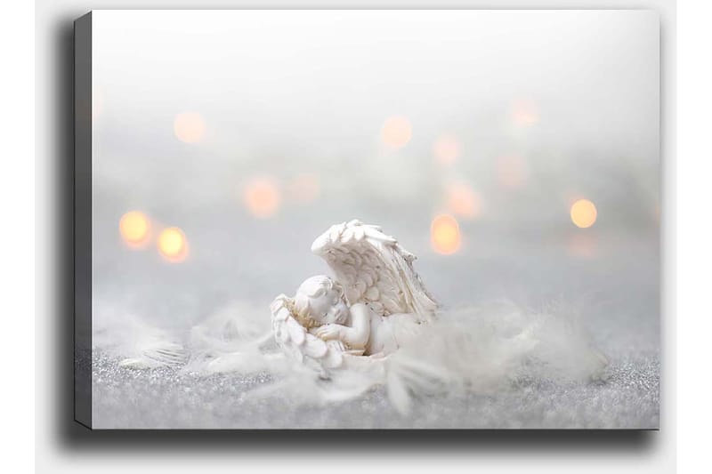 Canvastavla 70x100 cm - Ängel som vilar på ett mjukt underlag, omgiven av ljusa och drömlika element - Vit / Ljusgrå - Inredning - Tavlor & posters - Canvastavla