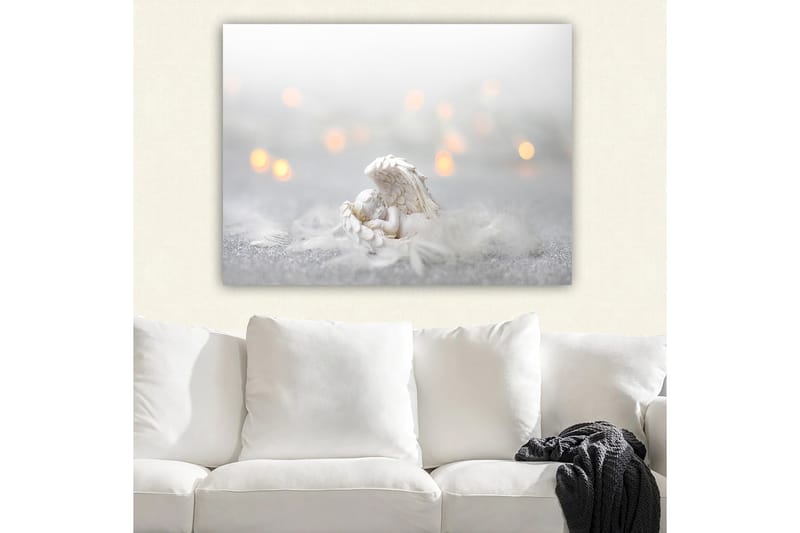 Canvastavla 70x100 cm - Ängel som vilar på ett mjukt underlag, omgiven av ljusa och drömlika element, Vit / Ljusgrå