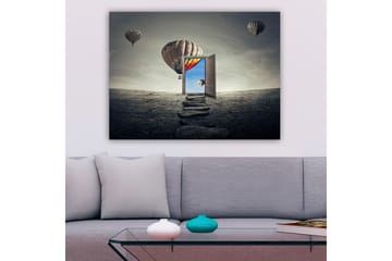 Canvastavla 70x100 cm - Öppen dörr som leder till en färgglad himmel med varmluftsballonger som svävar över en karg landskap - Grå / Beige / Röd - Inredning - Tavlor & posters - Canvastavla
