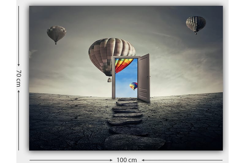 Canvastavla 70x100 cm - Öppen dörr som leder till en färgglad himmel med varmluftsballonger som svävar över en karg landskap - Grå / Beige / Röd - Inredning - Tavlor & posters - Canvastavla