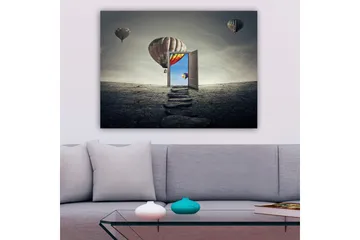 Canvastavla 70x100 cm - Öppen dörr som leder till en färgglad himmel med varmluftsballonger som svävar över en karg landskap - Grå / Beige / Röd - Inredning - Tavlor & posters - Canvastavla
