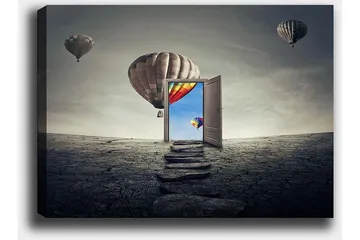 Canvastavla 70x100 cm - Öppen dörr som leder till en färgglad himmel med varmluftsballonger som svävar över en karg landskap - Grå / Beige / Röd - Inredning - Tavlor & posters - Canvastavla