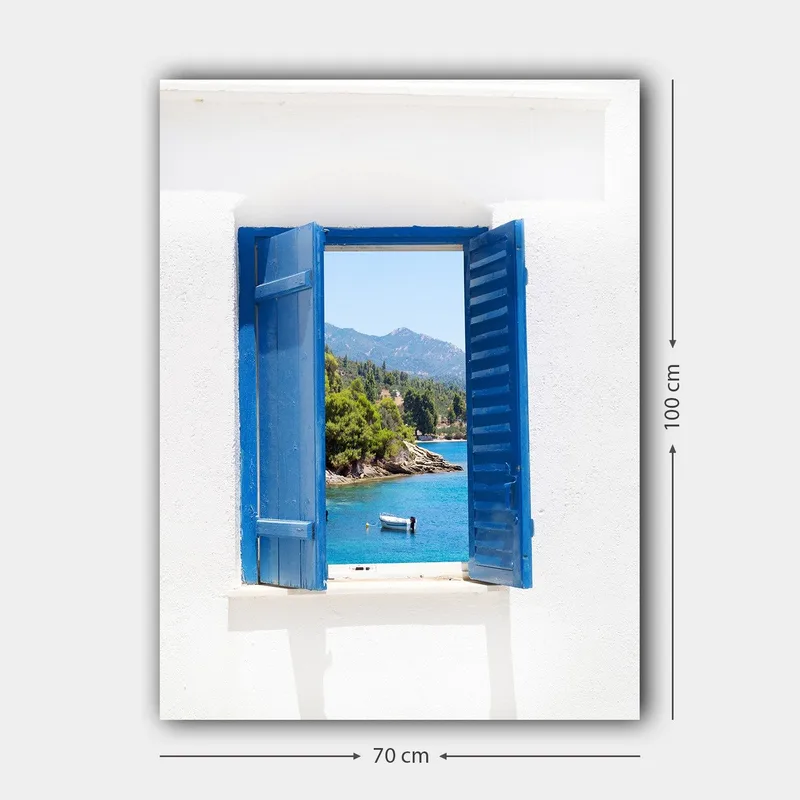 Canvastavla 70x100 cm - Öppen fönsterlucka som ger en vy över en blå sjö och omgivande grönska - Blå / Grön / Vit - Inredning - Tavlor & posters - Canvastavla