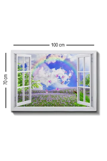 Canvastavla 70x100 cm - Öppen fönsterutsikt med en blomstrande äng, fjärilar och en regnbåge under en blå himmel - Lila / Grön / Blå - Inredning - Tavlor & posters - Canvastavla