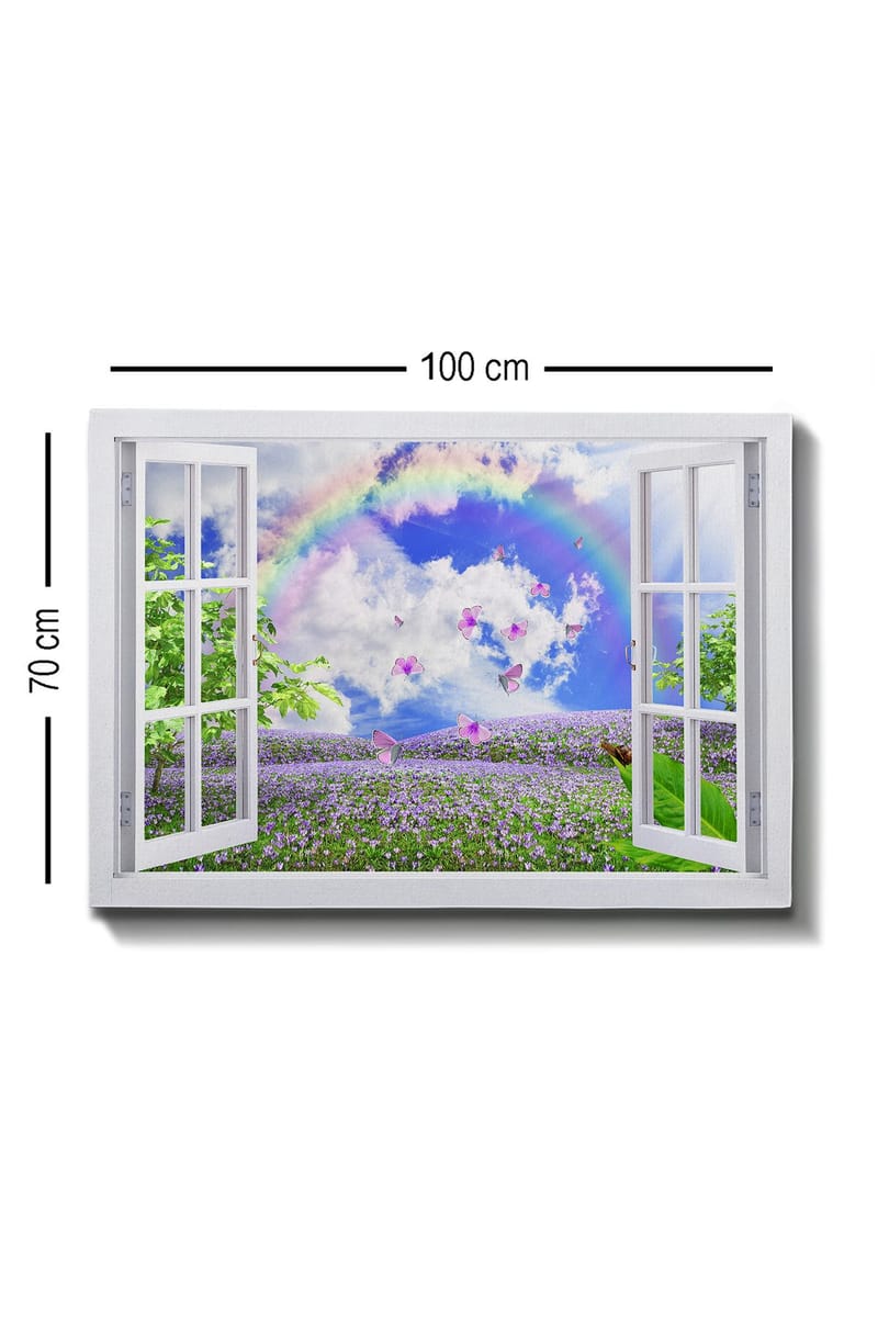 Canvastavla 70x100 cm - Öppen fönsterutsikt med en blomstrande äng, fjärilar och en regnbåge under en blå himmel - Lila / Grön / Blå - Inredning - Tavlor & posters - Canvastavla