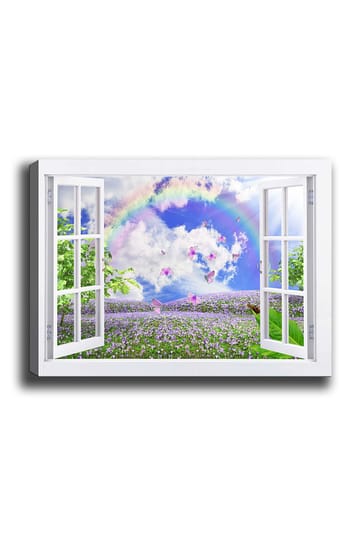 Canvastavla 70x100 cm - Öppen fönsterutsikt med en blomstrande äng, fjärilar och en regnbåge under en blå himmel - Lila / Grön / Blå - Inredning - Tavlor & posters - Canvastavla