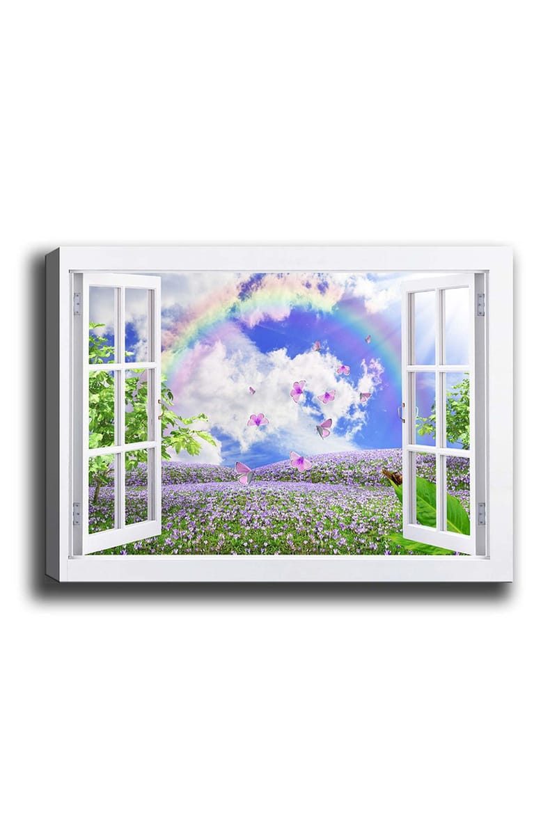 Canvastavla 70x100 cm - Öppen fönsterutsikt med en blomstrande äng, fjärilar och en regnbåge under en blå himmel, Lila / Grön / Blå