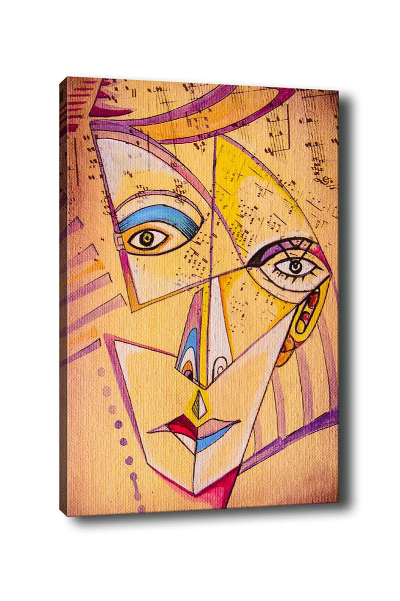 Canvastavla 70x100 cm - Abstrakt ansikte med geometriska former och starka färger, Gul / Blå / Rosa