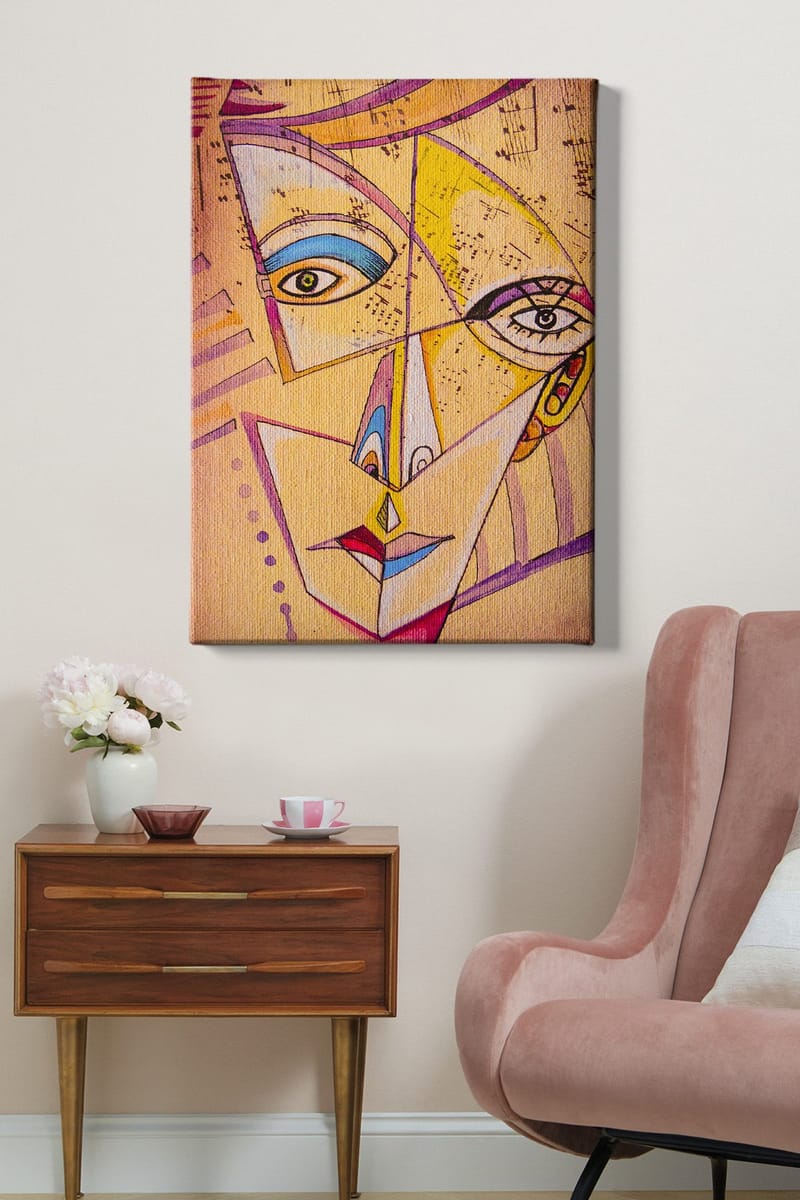 Canvastavla 70x100 cm - Abstrakt ansikte med geometriska former och starka färger - Gul / Blå / Rosa - Inredning - Tavlor & posters - Canvastavla