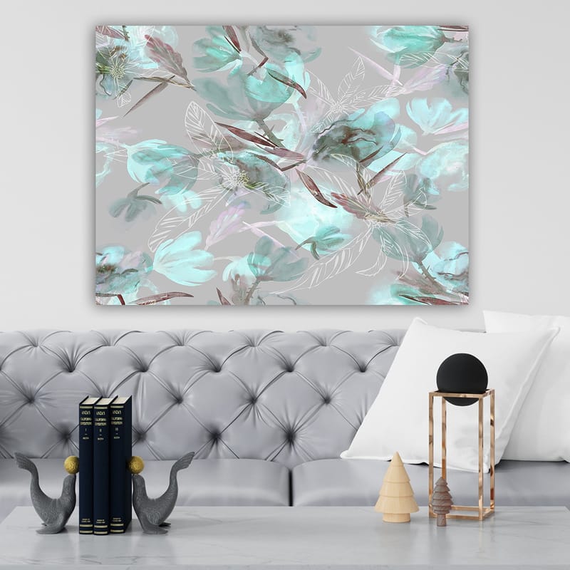 Canvastavla 70x100 cm - Abstrakt blommotiv i mjuka pastellfärger - Aqua / Grå / Brun - Inredning - Tavlor & posters - Canvastavla
