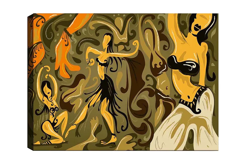 Canvastavla 70x100 cm - Abstrakt dansmotiv med kvinnliga figurer i livfulla poser, Guld / Brun / Olivgrön