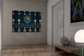 Canvastavla 70x100 cm - Abstrakt design med yin-yang-symbol och dekorativa element i guld och blått - Mörkblå / Guld - Inredning - Tavlor & posters - Canvastavla