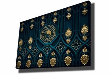 Canvastavla 70x100 cm - Abstrakt design med yin-yang-symbol och dekorativa element i guld och blått - Mörkblå / Guld - Inredning - Tavlor & posters - Canvastavla