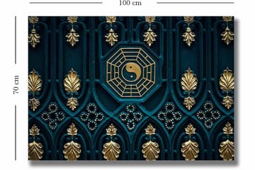 Canvastavla 70x100 cm - Abstrakt design med yin-yang-symbol och dekorativa element i guld och blått - Mörkblå / Guld - Inredning - Tavlor & posters - Canvastavla