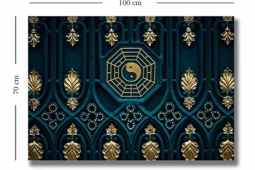 Canvastavla 70x100 cm - Abstrakt design med yin-yang-symbol och dekorativa element i guld och blått - Mörkblå / Guld - Inredning - Tavlor & posters - Canvastavla