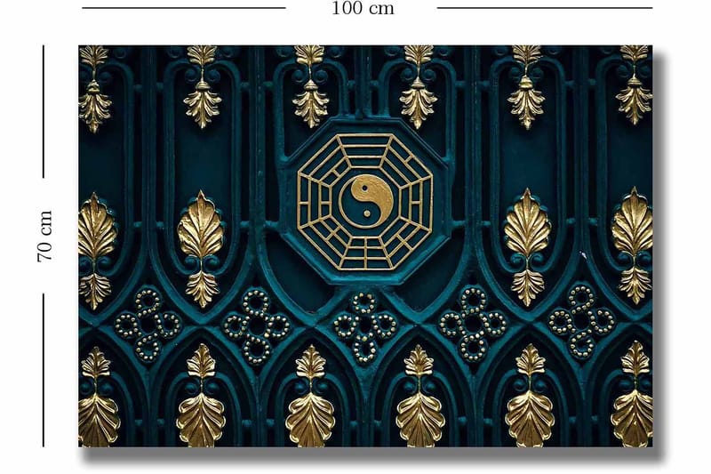 Canvastavla 70x100 cm - Abstrakt design med yin-yang-symbol och dekorativa element i guld och blått - Mörkblå / Guld - Inredning - Tavlor & posters - Canvastavla