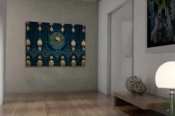 Canvastavla 70x100 cm - Abstrakt design med yin-yang-symbol och dekorativa element i guld och blått - Mörkblå / Guld - Inredning - Tavlor & posters - Canvastavla