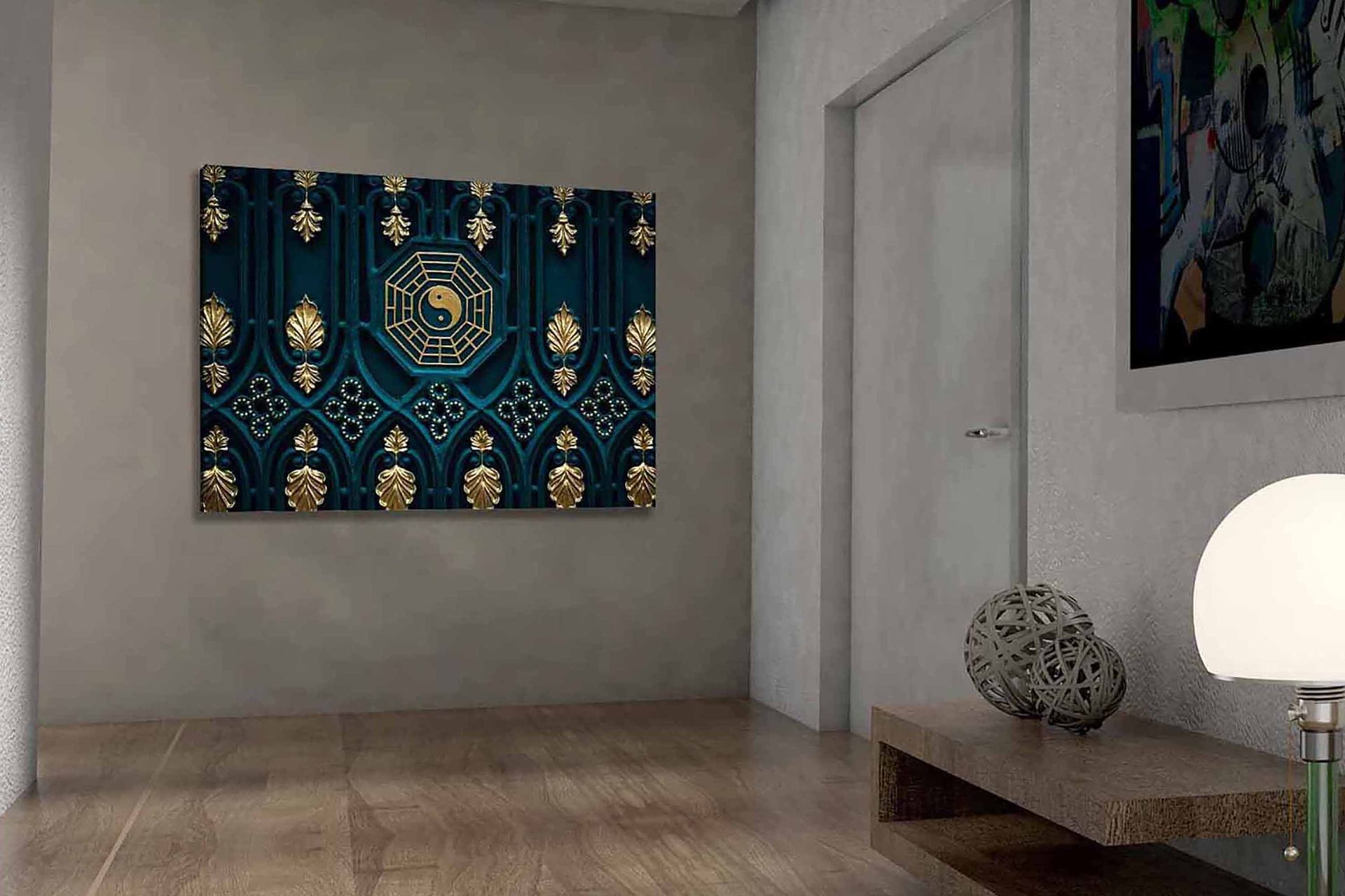 Canvastavla 70x100 cm - Abstrakt design med yin-yang-symbol och dekorativa element i guld och blått - Mörkblå / Guld