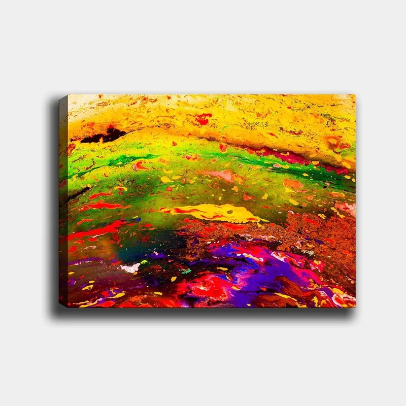 Canvastavla 70x100 cm - Abstrakt färgexplosion med dynamiska mönster och livliga nyanser, Gult / Grönt / Rött