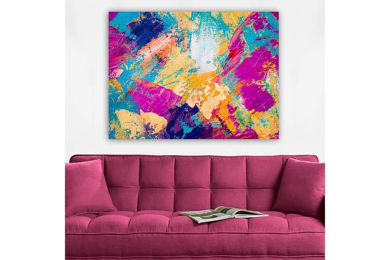 Canvastavla 70x100 cm - Abstrakt färgexplosion med livfulla nyanser som skapar en dynamisk känsla - Turkos / Lila / Orange - Inredning - Tavlor & posters - Canvastavla