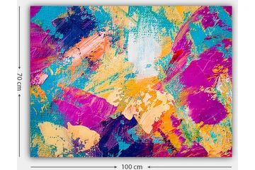 Canvastavla 70x100 cm - Abstrakt färgexplosion med livfulla nyanser som skapar en dynamisk känsla - Turkos / Lila / Orange - Inredning - Tavlor & posters - Canvastavla