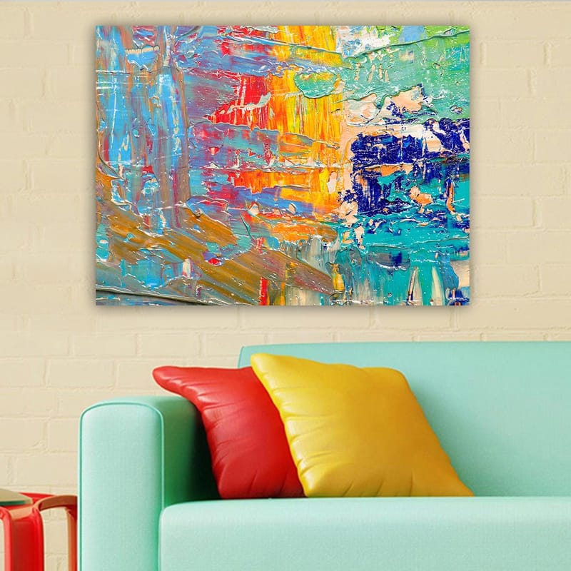 Canvastavla 70x100 cm - Abstrakt färgspel med inslag av blått, gult och orange - Blå / Gul / Orange - Inredning - Tavlor & posters - Canvastavla
