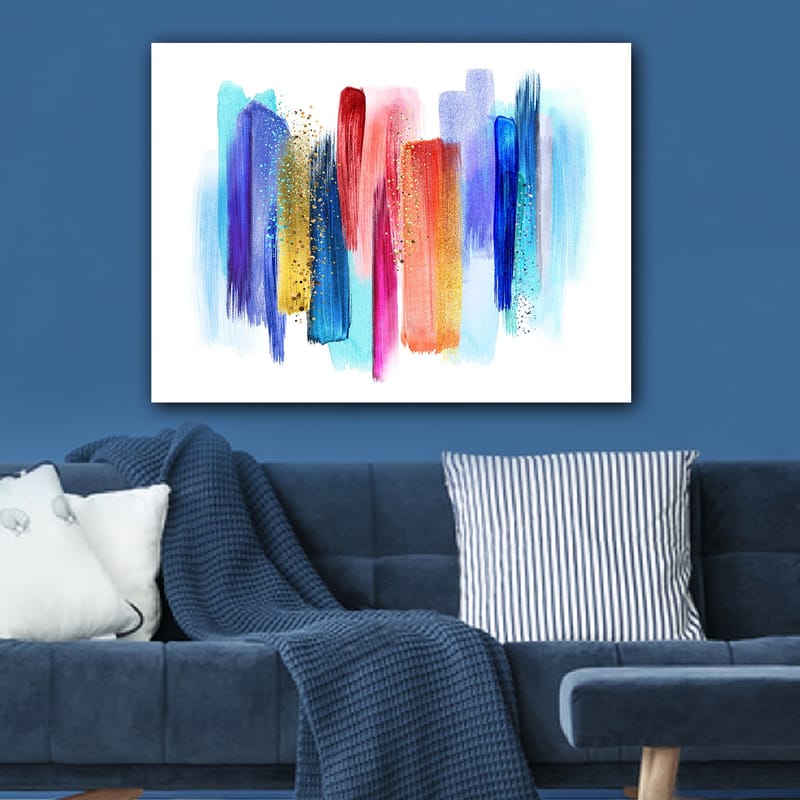 Canvastavla 70x100 cm - Abstrakt färgspel med vertikala penseldrag i livliga nyanser - Blå / Röd / Rosa - Inredning - Tavlor & posters - Canvastavla