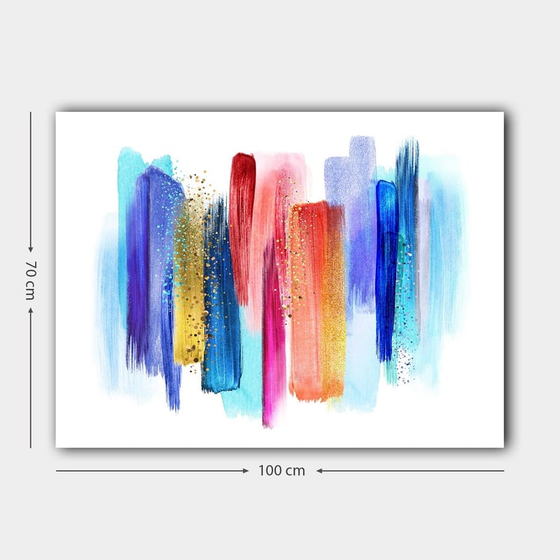 Canvastavla 70x100 cm - Abstrakt färgspel med vertikala penseldrag i livliga nyanser - Blå / Röd / Rosa - Inredning - Tavlor & posters - Canvastavla