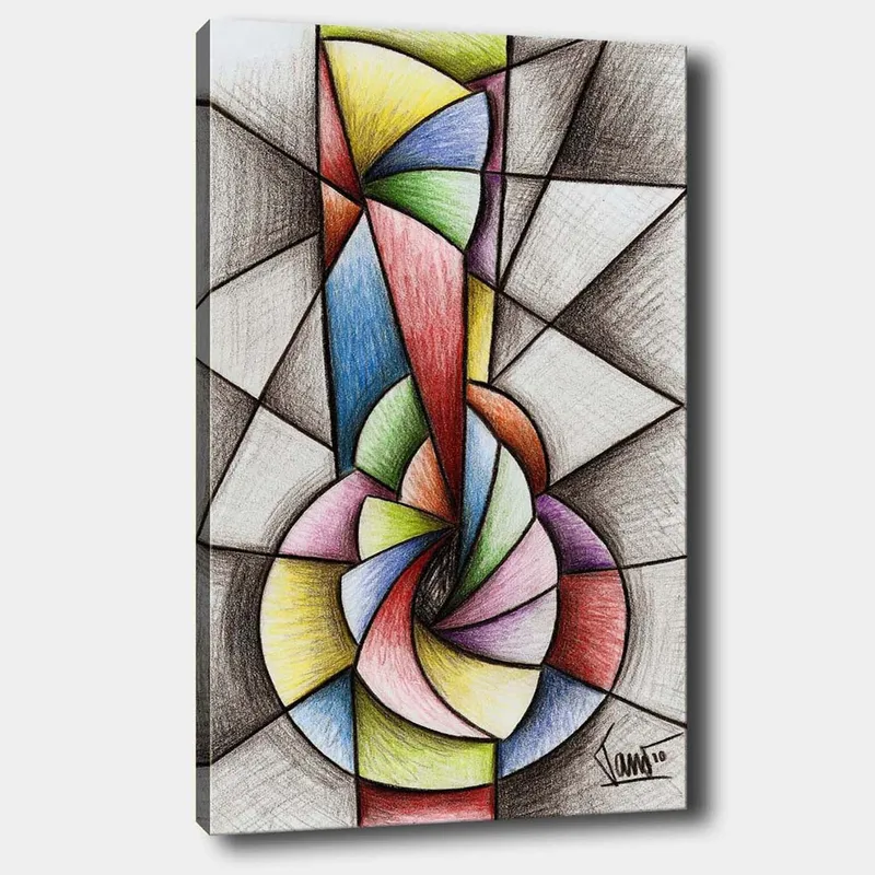 Canvastavla 70x100 cm - Abstrakt geometrisk komposition med en spiralform som dominerar motivet, Grön / Blå / Röd