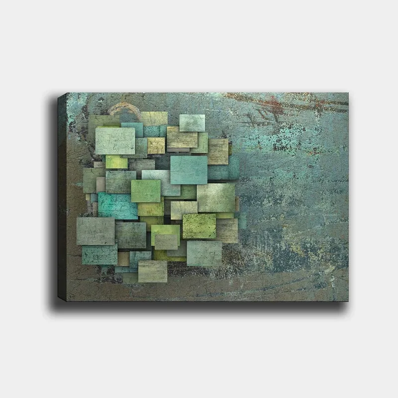 Canvastavla 70x100 cm - Abstrakt komposition av överlappande kvadrater i olika nyanser av grönt och blått, Grön / Turkos / Blå