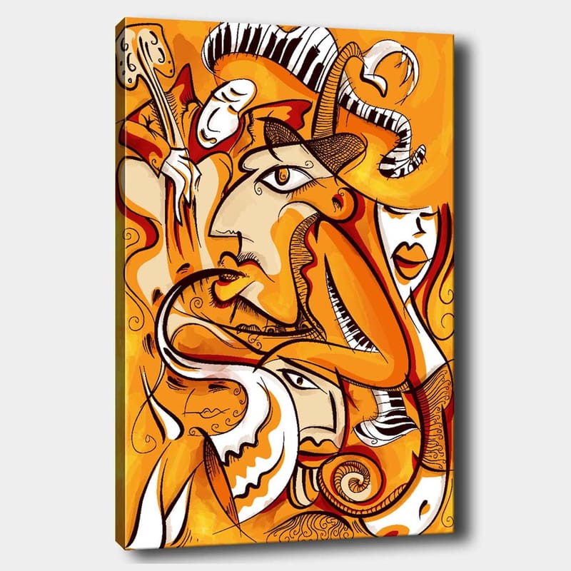 Canvastavla 70x100 cm - Abstrakt komposition av ansikten och former i varma orangea nyanser, Orange / Vit / Svart