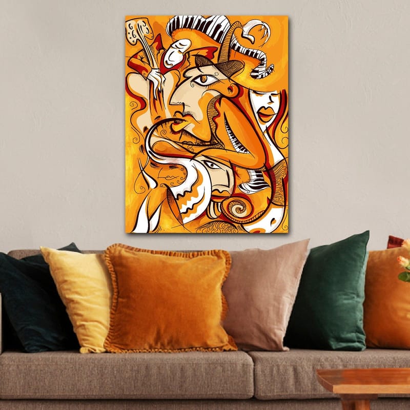 Canvastavla 70x100 cm - Abstrakt komposition av ansikten och former i varma orangea nyanser - Orange / Vit / Svart - Inredning - Tavlor & posters - Canvastavla