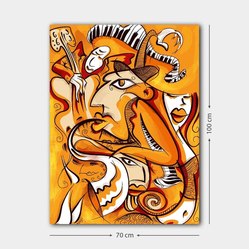 Canvastavla 70x100 cm - Abstrakt komposition av ansikten och former i varma orangea nyanser - Orange / Vit / Svart - Inredning - Tavlor & posters - Canvastavla