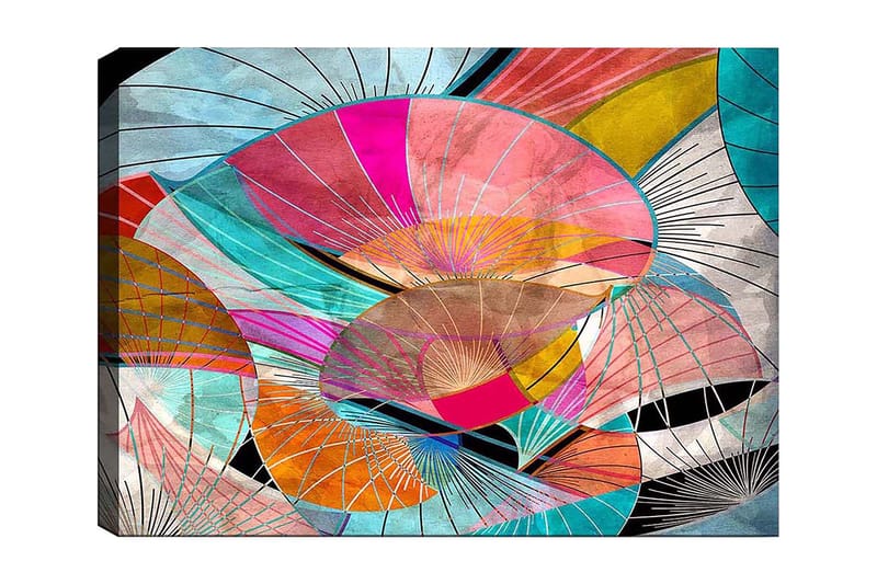 Canvastavla 70x100 cm - Abstrakt komposition av färgglada former som påminner om blad eller skärmar, Rosa / Turkos / Orange